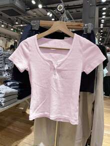T-shirt court à col rond ajusté de style Y2K pour femmes, couleur unie sexy. Convient pour la rentrée scolaire, les voyages à la plage et les tenues décontractées à la maison en été - Rose bonbon - Voir 10