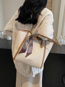 时尚纯色围巾装饰 PU 托特包，大容量通勤复古简约单肩包，百搭手提包，适合女性 - 米色 - 查看 9