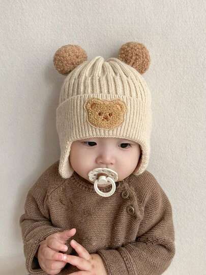 1 件儿童可爱针织护耳帽，秋冬季温暖厚实，婴幼儿百搭日常穿着