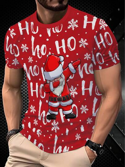 男士圣诞老人 T 恤 - 休闲涤纶，可机洗，圆领