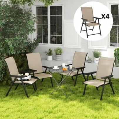 Set Of 4 Brown/Black Folding Chairs - Outdoor Patio Chairs For Garden, Camping & Events | Portable Stackable Design With Steel Frame | Weather-Resistant Fabricback To School