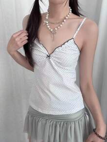 Outfit estivo da spiaggia per donne stile Y2K per San Valentino e ritorno a scuola, top lavorato a maglia bianco con scollo a V, decorazione fiocco e stampa a pois sexy - Bianco - Visualizzare 7