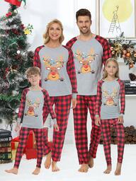 2 piezas Pijamas a juego para familia y niños pequeños, diseño de ciervos a cuadros, manga larga, cuello redondo, suave y cómodo, regalo navideño, otoño/invierno