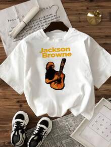 Women's-Shirt Casual Round Neck Black White Options Jackson Browne Guitar Print Graphic Tee Summer Tops Ladies Shirts Summer Tops Graphic Tees Summer Outfits Women Graphic Tees Women Crop Tops Tops Women Vintage Cotton Cute Clothes Women - trắng - Xem 2