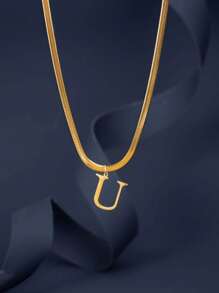 1pc European & American Fashion 26 Letter Pendant Blade Chain Necklace, 18K Gold Plated Stainless Steel, Non-Fading, Suitable For Women Everyday & Holiday Wear