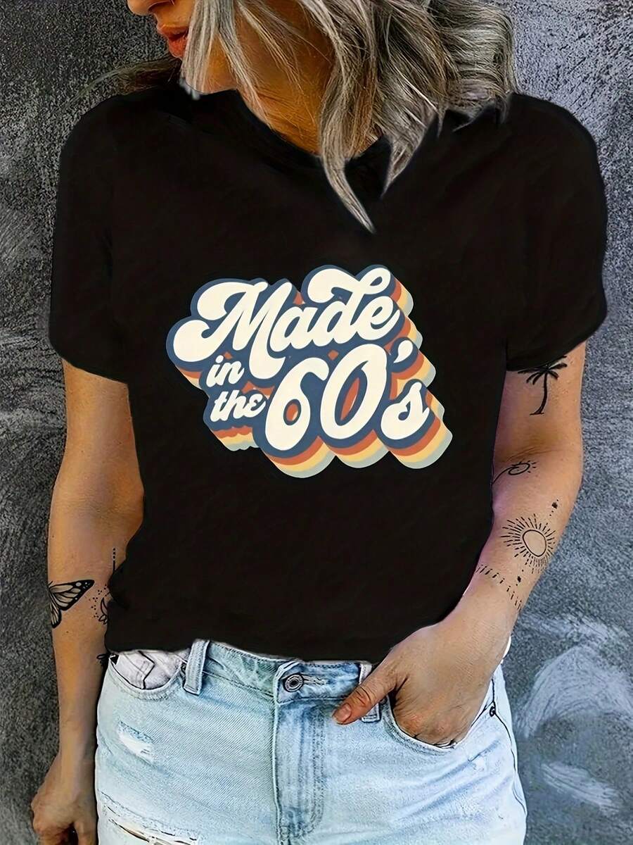 Stylish Plus Size Casual Tee - Women's Plus Size Short Sleeve Round Neck Medium Stretch Slogan Print T-Shirt For Everyday Wear - 黑色4 - 查看 1