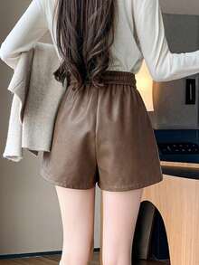 Quần short da PU dành cho nữ, phiên bản mùa đông mới, cạp chun, dáng rộng, cạp cao, quần ống rộng, quần legging - Màu nâu - Xem 3
