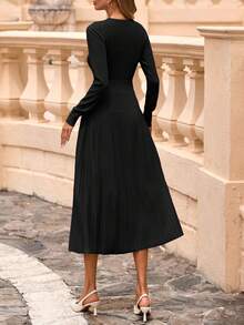 Women's Long Sleeve Midi Sweater Dress  Fall Crewneck Knit A Line Pleated Wedding Guest Winter Dresses - 黑色 - 查看 3