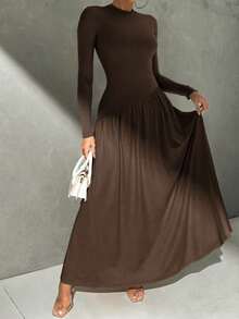 Vestido ajustado de estilo elegante y casual para ir al trabajo, con cuello redondo pequeño, manga larga, cintura plisada y falda en línea A