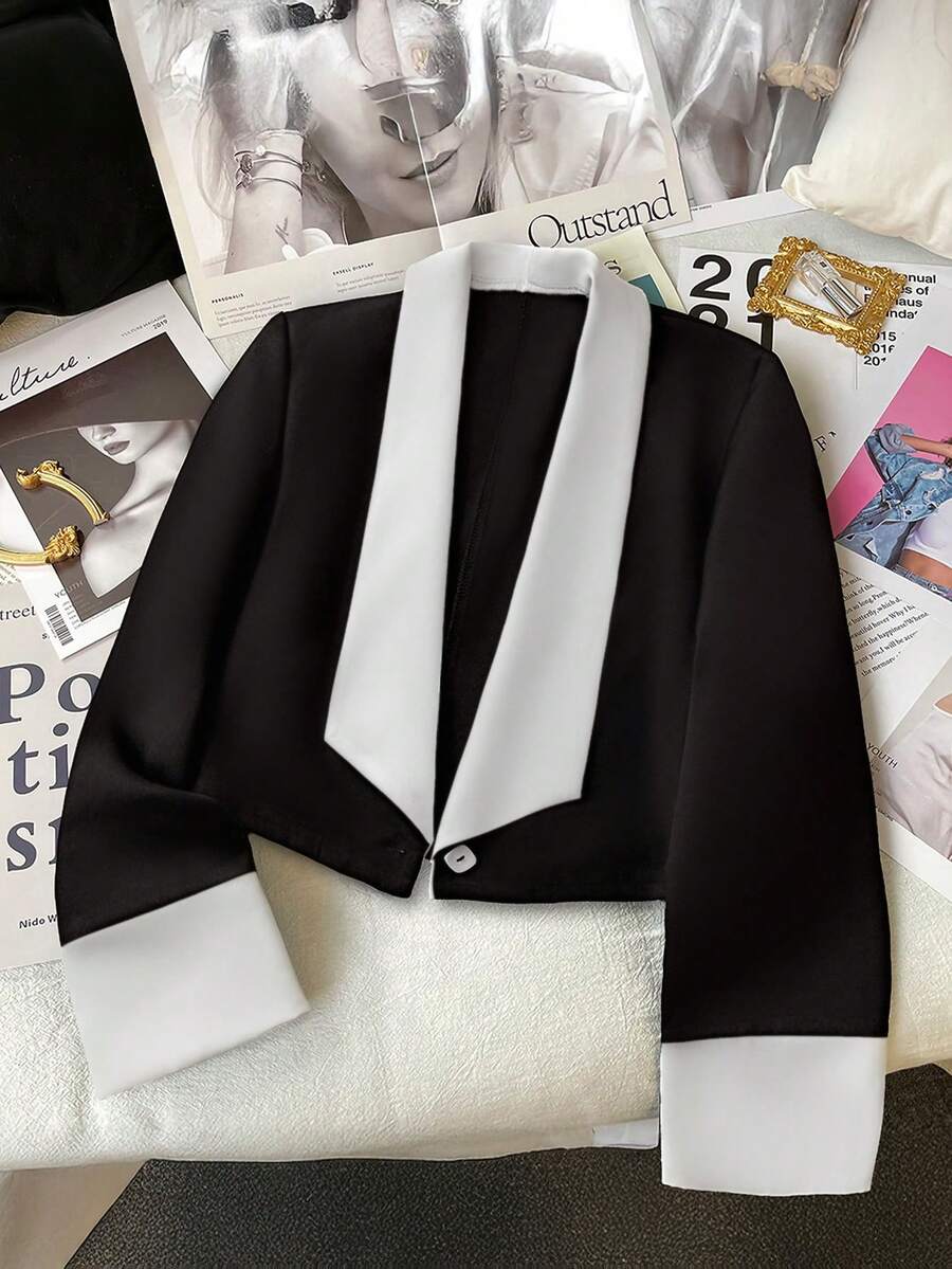 Damen elegante Kontrast-Jacke in Schwarz & Weiß mit Kragen und Kurzarm, geeignet für alle Jahreszeiten