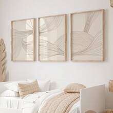 Juego de 3 piezas de arte de pared en lienzo con líneas de arte beige en estilo bohemio, tema de moda con opción de marco, adecuado para decoración del hogar, oficina, sala de estar, dormitorio, colocación de retratos interiores, primavera y verano - Multicolor - Ver 13