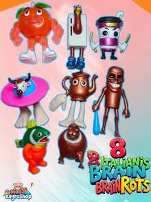 Set Of 8 Brainrots Collectible Figures, Tung Tung Sahur, Assassino Capuchino, Capibarello Cocossini, La Vaca Saturninta, Udin Din Din Dun, Frigo Camelo, Tripi Tropi, Ta Ta Ta Ta Sahur, Brainrot Italian Viral Meme Figures - 彩色 - 查看 5