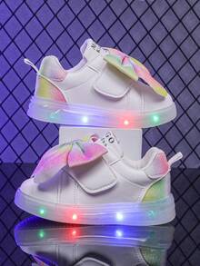 时尚大蝴蝶结 LED 发光透气皮革运动鞋，适合男孩和女孩 - 休闲、减震、四季防滑户外跑步和步行鞋 - 白色 - 查看 1