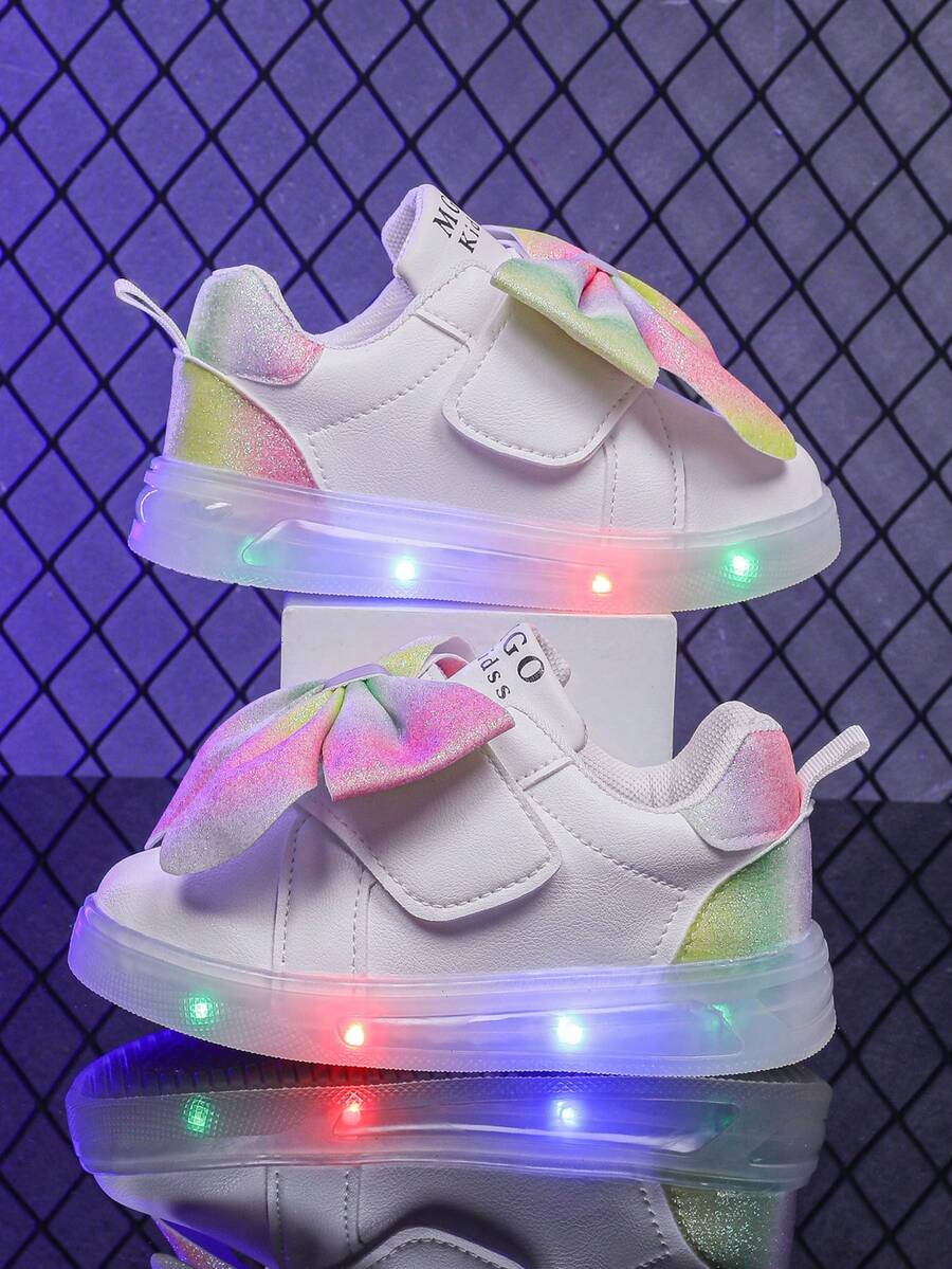 时尚大蝴蝶结 LED 发光透气皮革运动鞋，适合男孩和女孩 - 休闲、减震、四季防滑户外跑步和步行鞋 - 白色 - 查看 1