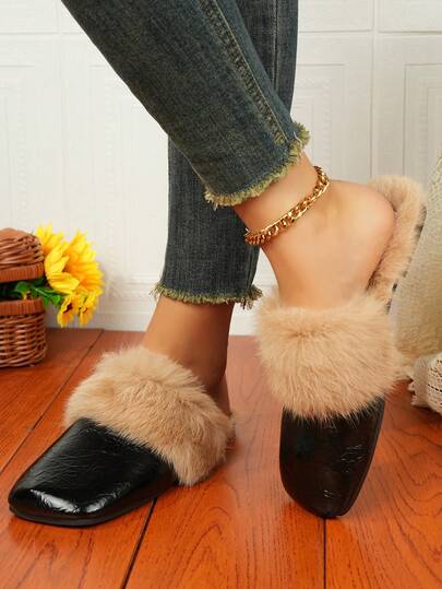 Women's Slippers, Patchwork Design Square Toe, Warm And Comfortable Flat Slip-On Slippers, Simple And Understated, Soft And Suitable For Indoor And Outdoor Wear