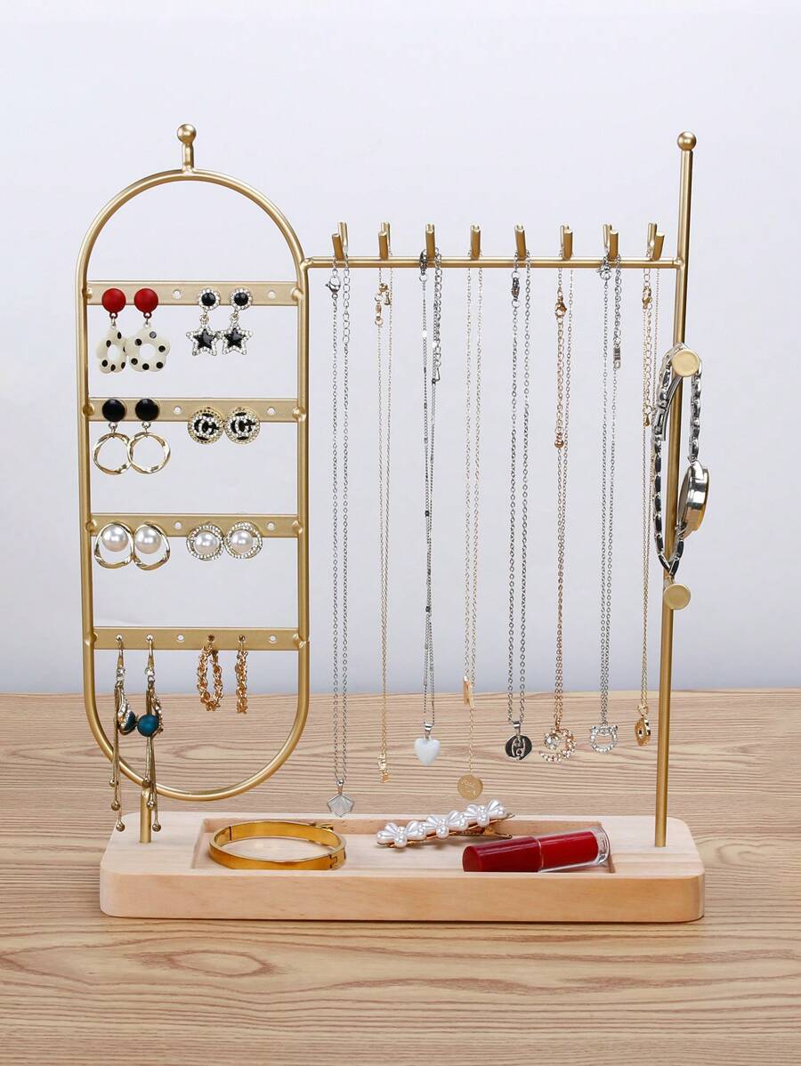 1pc Solid Wood Base Desktop Jewelry Stand, Perfect For Organizing And Storing Watches, Earrings, Bracelets, Necklaces, Etc Christmas Gift.