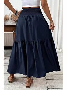 Women's Smocked High Waist Maxi Skirt Casual Boho Long Skirts With Pockets