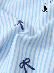 2pcs Plus Size Women Cute Striped Bow Print Pajama Set, Lapel Button Short Sleeve Top And Bow Shorts, Summer Sleepwear & Loungewear, Cool Light Blue - Màu xanh lam - Xem 8