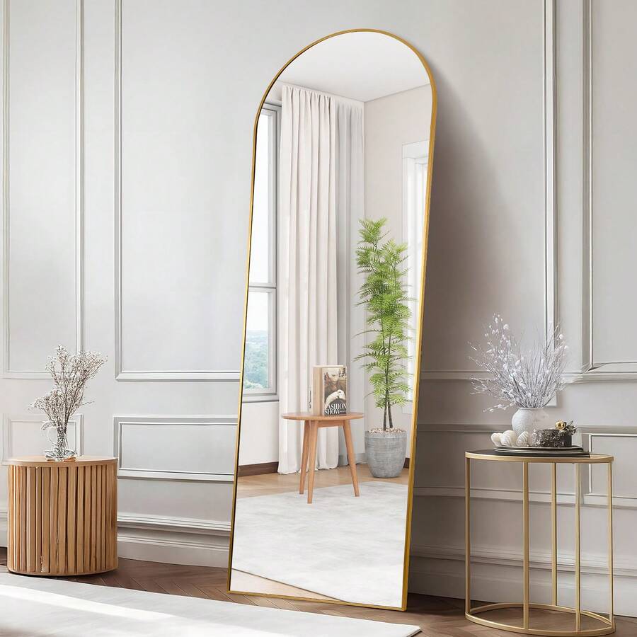 Sour Lemon Modern Curved Mirror, Large Floor-Standing Full-Length Mirror, Standing Mirror With Stable Back Panel For Standing, Aluminum Alloy Frame, Tempered Glass, For Bedroom, Living Room, Cloakroom, Dressing Room - 金色 - 查看 1