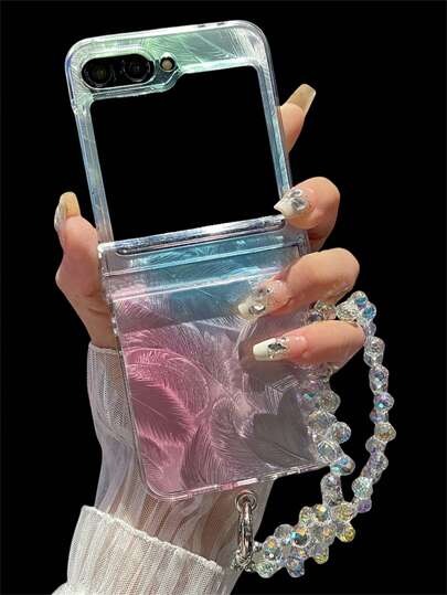 Funda de teléfono con patrón de plumas de color degradado brillante y lujoso, compatible con Samsung Galaxy Z Flip 7 6 5 4 3 plegable, cubierta protectora trasera con pulsera de cadena láser brillante