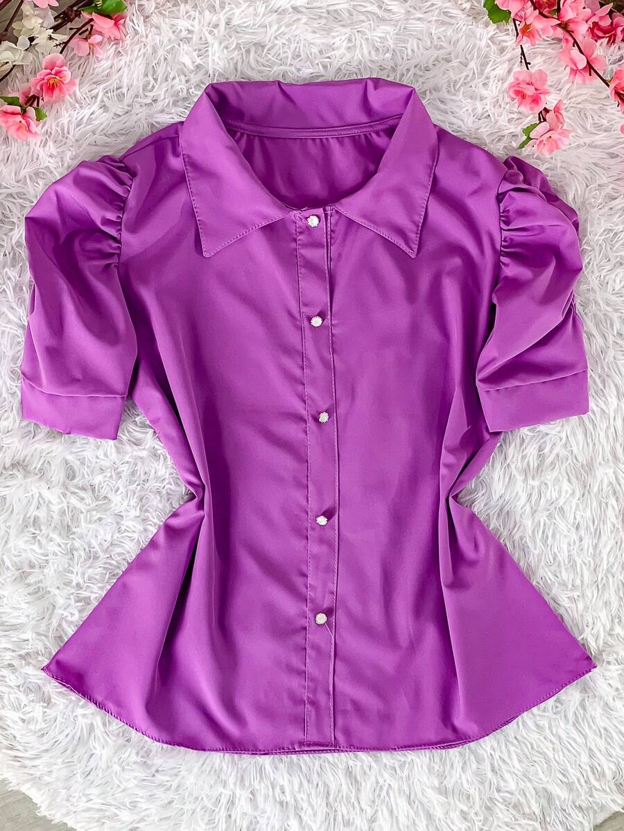Women's Fashion Collared Blouse With Buttons On The Front, Code 1 - Mauve Purple - View 1