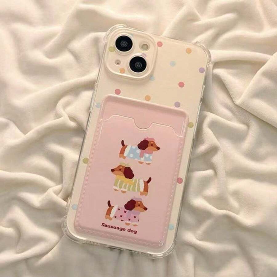 1 pieza Funda de teléfono con perro salchicha de lunares coloridos compatible con Apple 16, 16 Pro, 16 Pro Max, 15, 14, 13, 12, 11 Pro Max, 14 Plus, funda de teléfono billetera transparente compatible con Samsung S21, S22, S23, S24, S25, A26, A36, A52, A22 Series, puede contener fotos y tarjetas, resistente al agua, a los golpes, a las caídas y a los arañazos