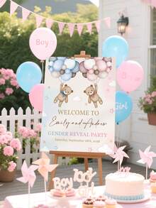 Customizable Teddy Bear Gender Reveal Welcome Sign, Pink And Blue Baby Bear Party Poster, He/She Yard Sign, Unisex Party Porch Sign, Editable, Frameless Canvas Only, Birthday Gift - Multicolor - View 8