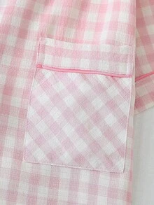 Conjunto de pijama de 2 piezas a cuadros sencillo para mujer,Incluye camisa abotonada de manga corta y pantalones cortos(Nota: el tamaño es pequeño) - Rosa - Ver 6