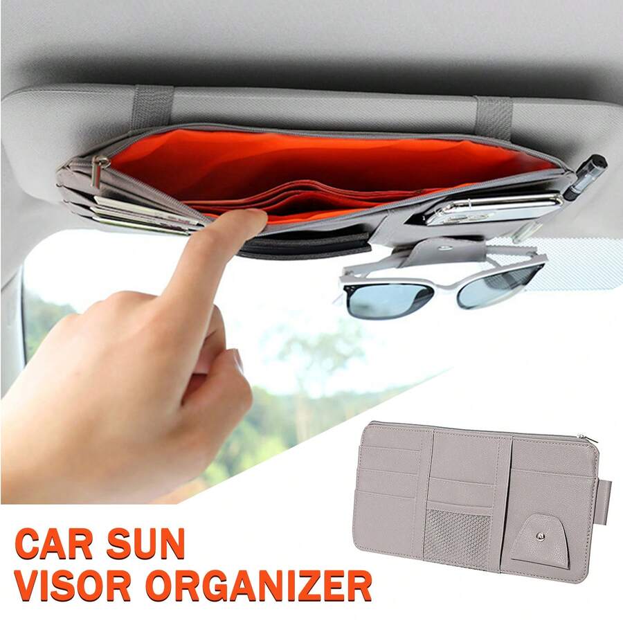 EIGIIS 1pc Multi-Function Car Sun Visor Storage Bag - With Zipper Pocket, Glasses Clip And Fashion Glasses Holder, Car Interior Accessory, Perfect Gift For Drivers - A - View 1