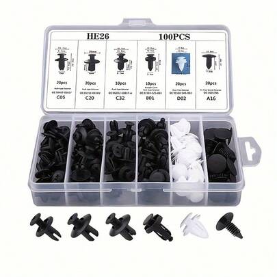 100pcs/Set Car Clips, 6 Universal Sizes, Black Nylon Material, Bumper Fasteners + Grommets + Clips, Car Fastener Accessories