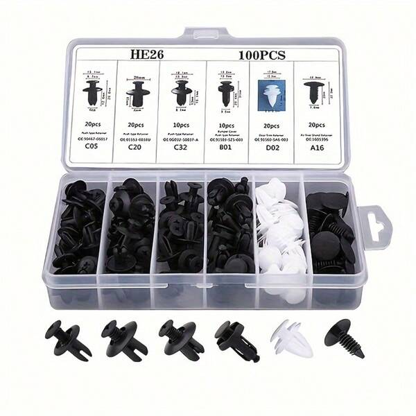 100pcs/Set Car Clips, 6 Universal Sizes, Black Nylon Material, Bumper Fasteners + Grommets + Clips, Car Fastener Accessories