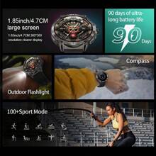 ساعة ذكية للرجال للرياضة الخارجية GZYR 2025 الجديدة، مزودة بضوء LED عالي الطاقة، شاشة لمس كاملة HD بحجم 1.85 بوصة (4.7 سم)، اتصال لاسلكي، بطارية طويلة الأمد 760 مللي أمبير، بوصلة، أكثر من 100 وضع رياضي، مقاومة للماء بمعيار IP68، مراقبة الصحة، متوافقة مع أندرويد وآي أو إس، هدية مثالية.