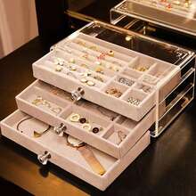 1 Pieza Joyero De Acrilico De Tres Capas Con Felpa, Organizador De Joyas Tipo Cajón, Caja De Almacenamiento Para Collares, Aretes Y Anillos, Regalo Para Mujeres Y Niñas - 灰色 - 查看 2