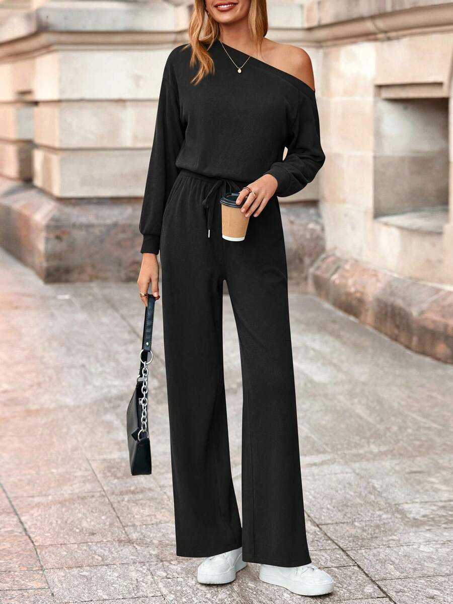 Long Sleeve Jumpsuit For Women Dressy Off Shoulder One Piece Loose Wide Leg Jumpsuits Casual Flowy Romper - 黑色 - 查看 1