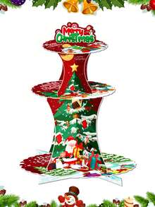 1 Juego de 3 niveles de soporte para cupcakes con decoración de tema navideño, mesa de postres de Feliz Navidad, soporte de exhibición de papel para cupcakes y postres navideños, torre de postres de frutas, apto para Navidad, fiestas temáticas, mesas de postres