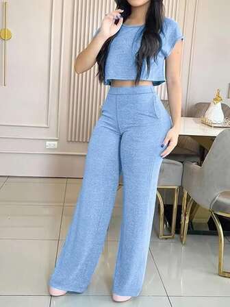2pcs/Set Women's Casual Elegant Solid Color Outfit With Pockets, Spring/Summer