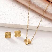 3 件钛钢四叶草项链、手链和耳环套装，女士时尚奢华珠宝 - 金色 - 查看 1