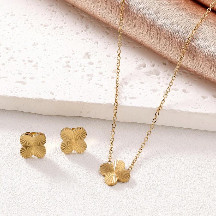 3 件钛钢四叶草项链、手链和耳环套装，女士时尚奢华珠宝 - 金色 - 查看 1