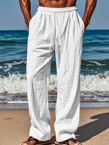 Men's Casual Cotton Linen Pants Solid Color Drawstring Waistband Wide Leg Beach Trousers - 白色 - 查看 3