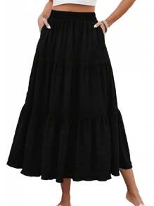 HUSKARY Women's Summer Casual Elegant Smock Layered Tiered Maxi Skirt High Waisted A Line Flowy Long Skirts With Pockets