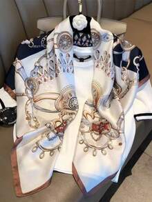 1条90厘米 x 90厘米时尚百搭多功能围巾，蓝色链条印花大方巾，防晒披肩头巾，可搭配连衣裙 - 黑與白 - 查看 14