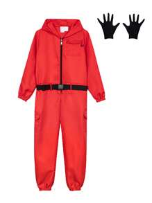 Koreanisches Film-/Spiel-Cosplay-Kostüm, rotes Jumpsuit-Set mit Kapuze, Hose, Handschuhen und Gürtel, 3-teilig