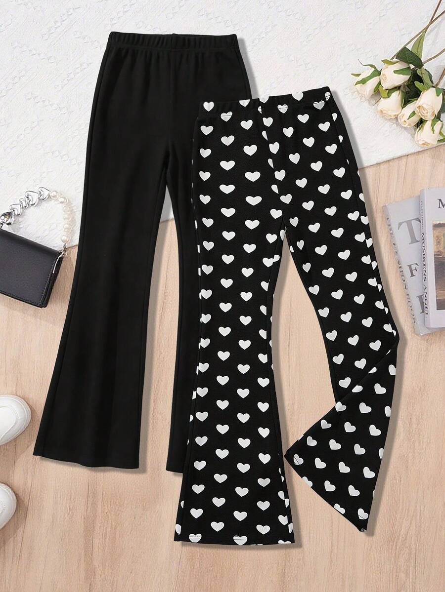 2pcs/Set Young Girl Flare Pants, Heart & Solid Black Print Flare Pants Fashion, Sister-Wear - Multicolor - View 1
