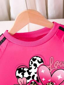 Conjunto de sudadera con cuello redondo y pantalón de chándal con estampado gráfico de corazón para niña preadolescente - Rosa Fucsia - Ver 4