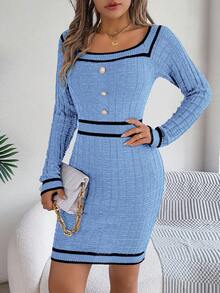 Autumn And Winter Women's Sexy Hip-Wrapped Long-Sleeved Miniskirt Dress - Màu xanh lam - Xem 4