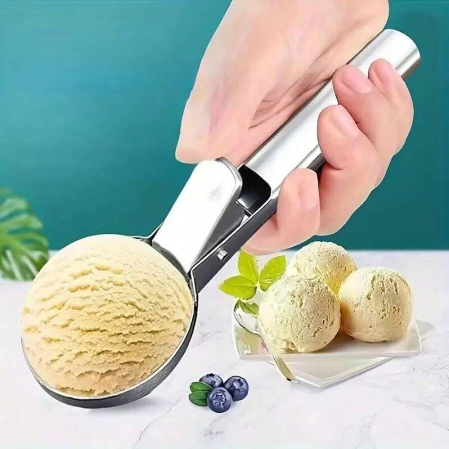 1/2pcs Stainless Steel Ice Cream Scoop, Perfect For Frozen Yogurt, Multi-Functional Ice Cream Scoop, Stainless Steel Double Use Scoop, Non-Stick Ice Cream Scoop With Comfortable Anti-Frost Handle, Heavy Duty Metal Ice Cream Scoop With Trigger, Sturdy Stuffing Scoop, Home Ice Cream Tools Scoop, Easy To Clean, Suitable For Ice Cream, Cookie Dough, Sorbet, Almond, Ideal For Kitchen, Dessert Shop And Western Restaurant. Back To School