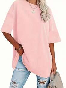 2-Piece Set Women's Plain Oversized T-Shirts 100% Cotton Premium Knit Shirt Basic Casual Blouse - 淺粉色 - 查看 4