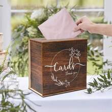 1pc Rustic Wooden Wedding Card Box With Slots, Large Size, Elegant Floral Design And Thank You Message, Suitable For Reception Gifts And Celebration Events, Great For Holiday Parties, Bridal Showers, Birthdays And Graduations, Wedding Decor