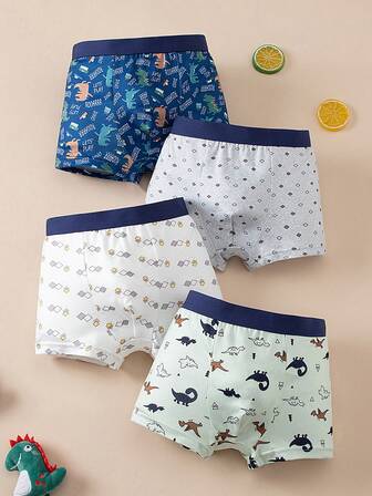 4件装男童恐龙几何印花平角内裤