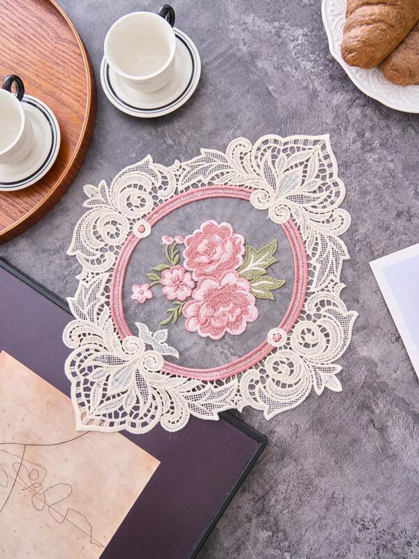 1/2/4/6pcs Elegant Vintage Lace Embroidered Floral Placemats, Anti-Slip Heat Insulation Mats For Daily Use, Festivals, Weddings, Hotels, Parties, Coffee Tables, Bedside, Home Decor, Dorm Essentials